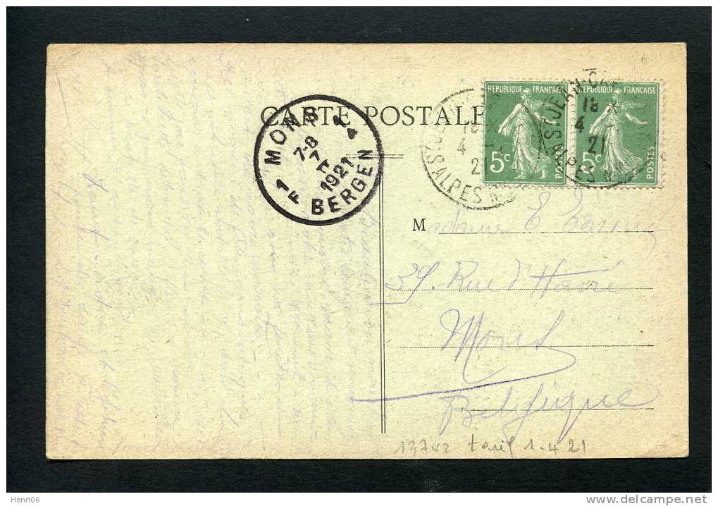 =*= Semeuse: 137x2 Vert Clair Variété (type I & II Se Tenant) Sur Carte Au Tarif St-Jean-Cap-Ferrat>>>>Bel Gique 1921 =* - Cartas & Documentos