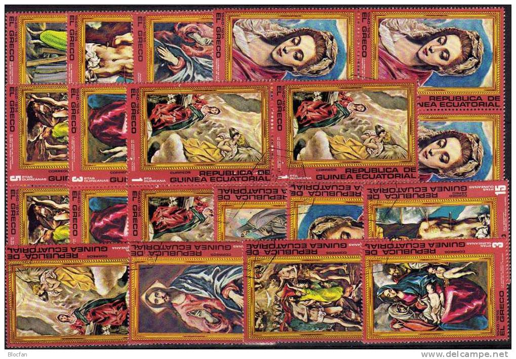 Gemälde 1976 El Greco Äquatorial Guinea 820/1+7x4-Block O 5€ Verkündigung Familie Sebastian Taufe Christus M/s Bf Africa - Kilowaar (max. 999 Zegels)