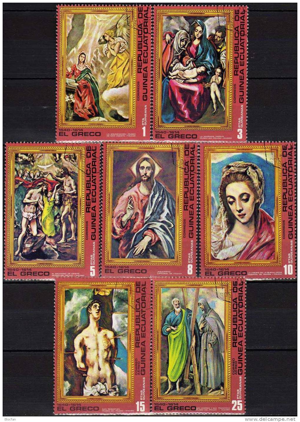 Gemälde 1976 El Greco Äquatorial Guinea 820/1+7x4-Block O 5€ Verkündigung Familie Sebastian Taufe Christus M/s Bf Africa - Kilowaar (max. 999 Zegels)