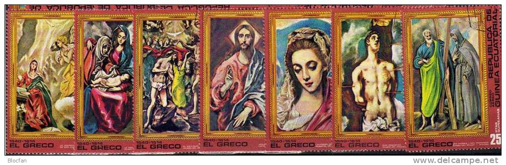 Gemälde 1976 El Greco Äquatorial Guinea 820/1+7x4-Block O 5€ Verkündigung Familie Sebastian Taufe Christus M/s Bf Africa - Kilowaar (max. 999 Zegels)