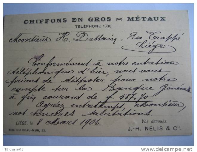 Carte Postale Publicitaire GRIVEGNEE 1906 - Entête J.-H. NELIS & Cie Chiffons En Gros-métaux à GRIVEGNEE - Other & Unclassified