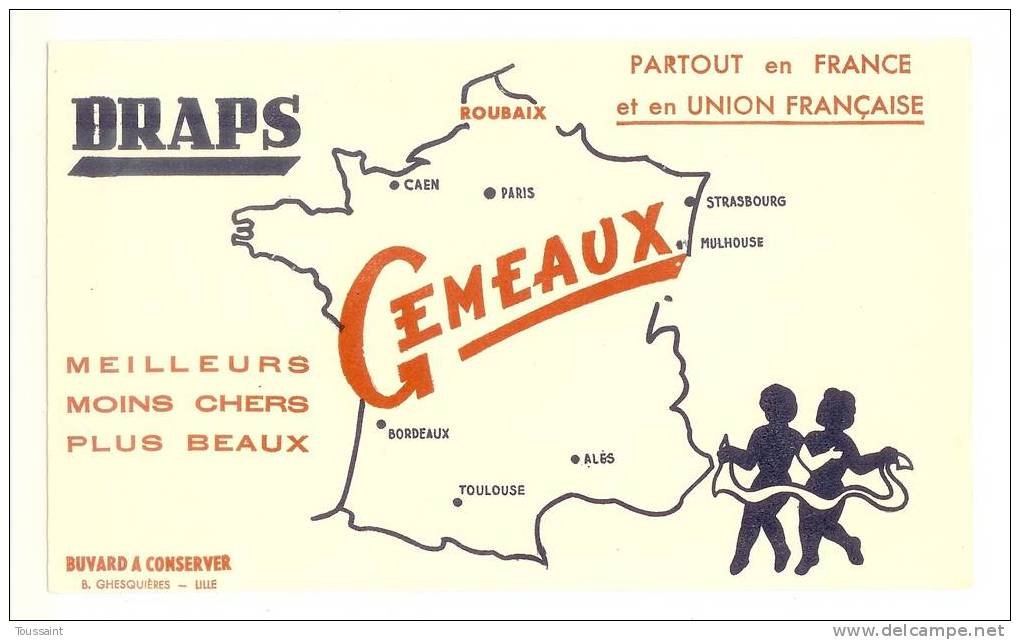 Buvard Gemeaux: Draps, Roubaix, Carte De La France (07-3386) - Textile & Vestimentaire