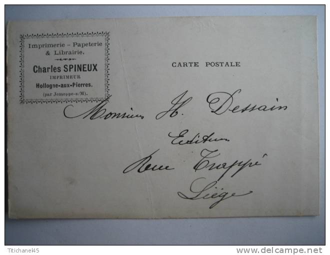 Carte Postale Publicitaire HOLLOGNE-AUX-PIERRES 1908 Imprimerie-papeterie-librairie - Grace-Hollogne