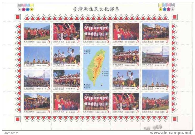 1999 Taiwan Aboriginal Culture Stamps Sheet Hunting Dance Costume Music Map Dwarf - Canoa