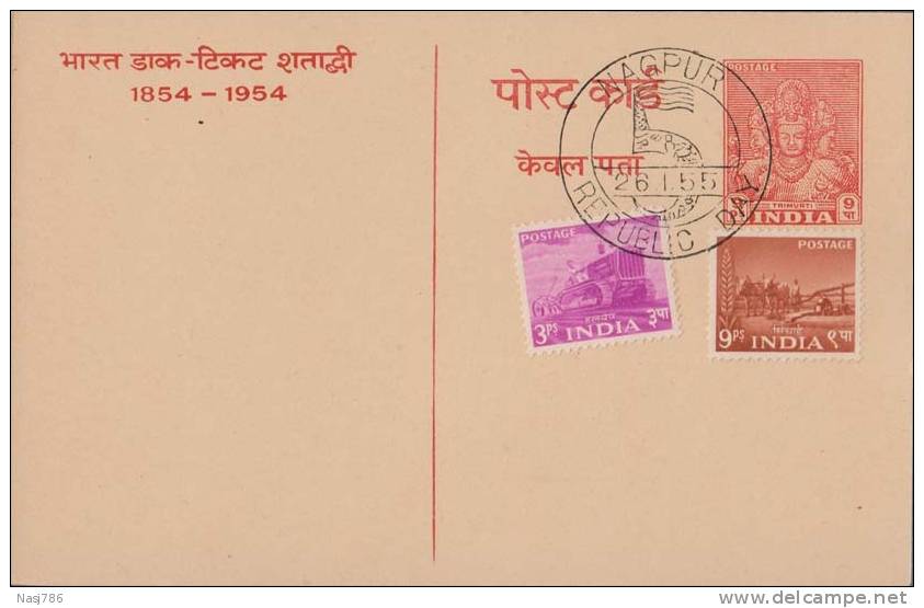 Trimurti, Brahma, Vishnu, Mahesh, 5th Republic Day, CDS Nagpur, Postal Card, Tractor, Agriculture, India - Lettres & Documents