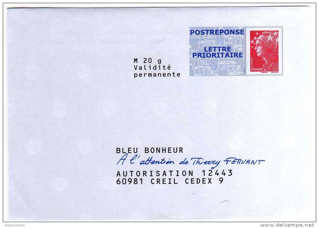 Entier Postal PAP POSTREPONSE Oise Creil BLEU BONHEUR Autorisation 12443 N° Au Dos: 09P391 - PAP: Antwort/Beaujard