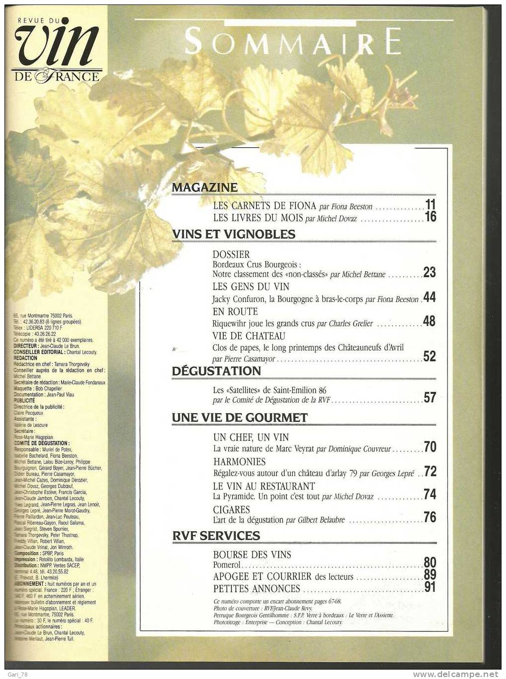 Revue Du VIN DE FRANCE N° 340 - Septembre 1989 : Bordeaux Crus Bourgeois, Classement "non Classés"  Riquewihr Etc - Culinaria & Vinos