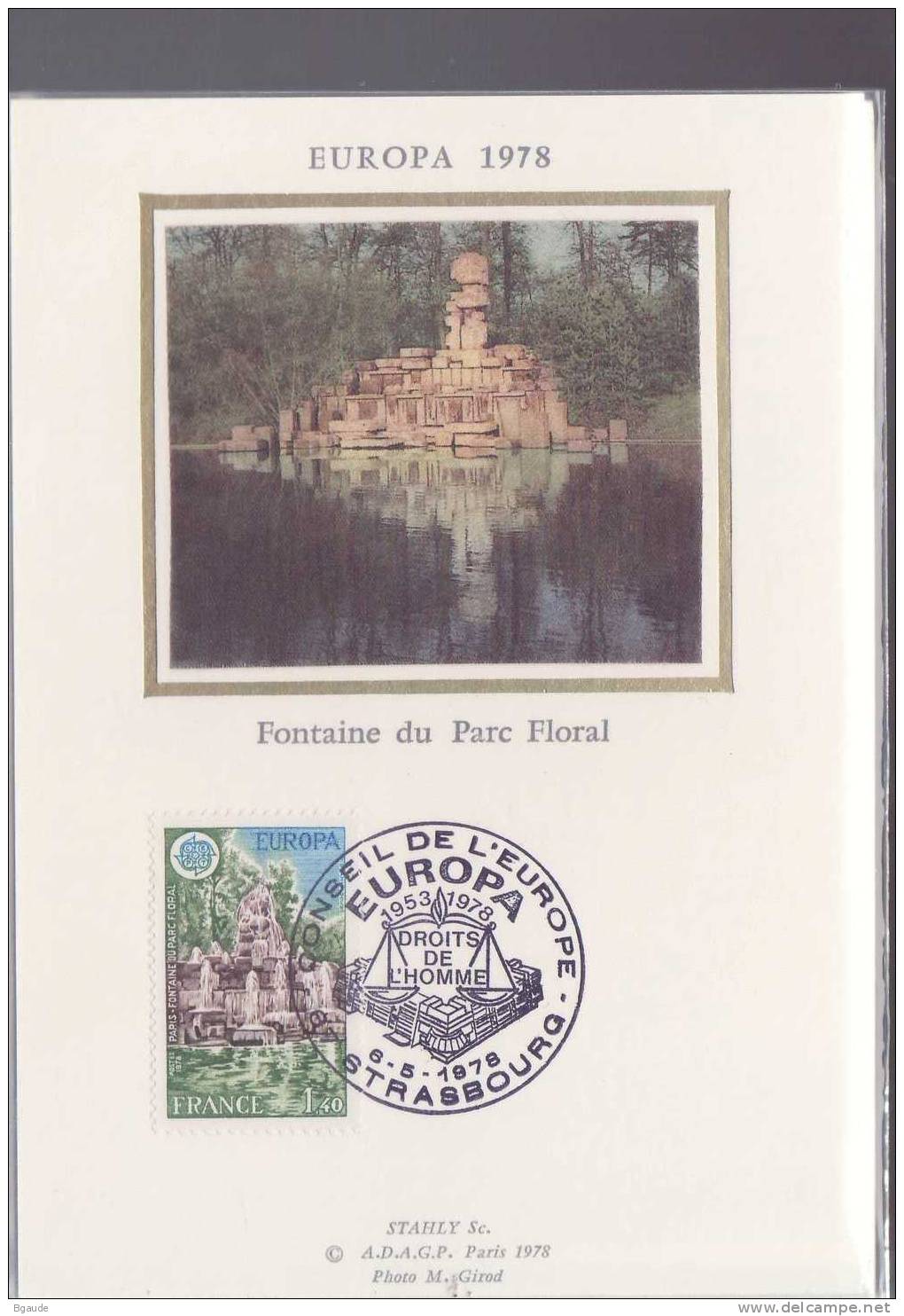 FRANCE CARTE MAXIMUM   EUROPA CEPT 1978 NUM YVERT 2009 MONUMENTS FONTAINE DU PARC FLORAL PARIS - 1978