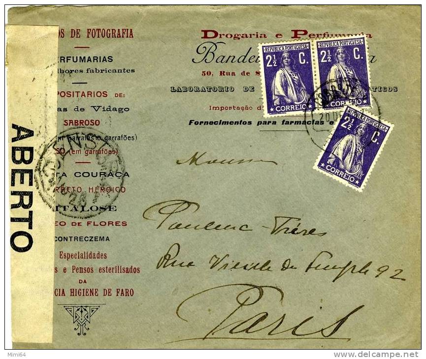 ENVELOPPE -- ABERTO PELA CENSURA DE 1917 . LETTRE PUBLICITE.LABORATORIO . DROGARIA ET PERFUMARIAS - Cartas & Documentos