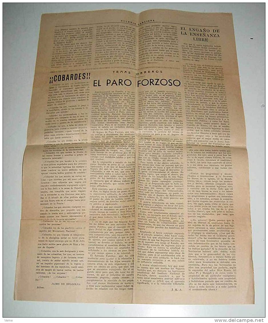 ANTIGUO BOLETIN CARLISTA, CARLISMO - 30 DE AGOSTO DE 1945 NUM. 34 - MONARQUIA SOCIAL, SOLO LA CARLISTA, EL ENGAÑO DE LA - [4] Tematica