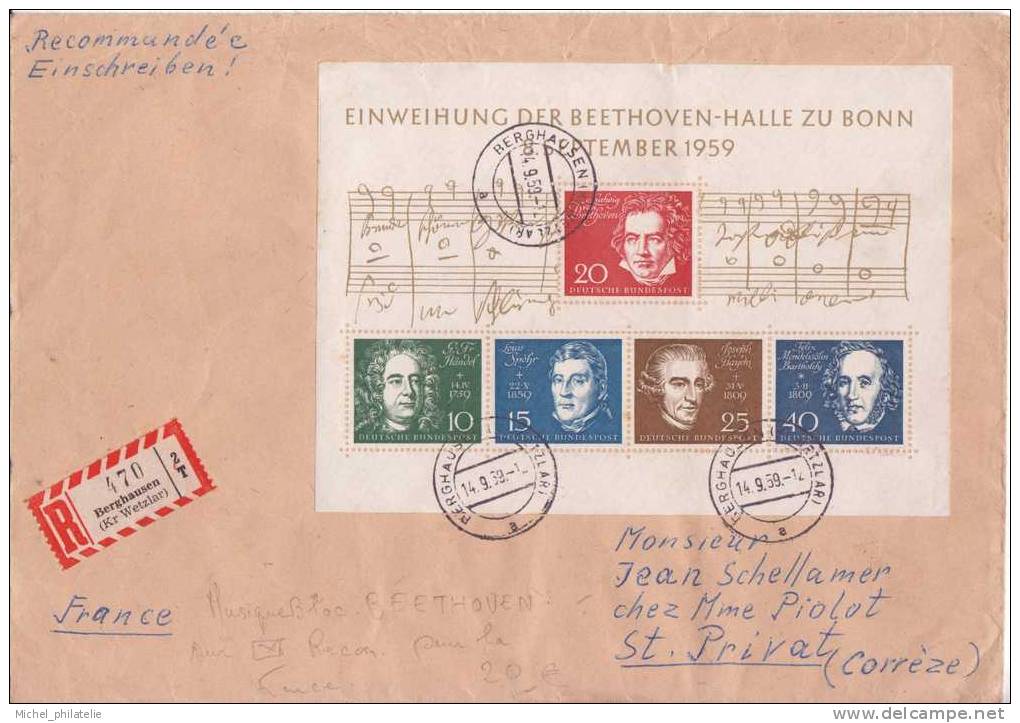 MUSIQUE BLOC BEETHOVEN SUR LETTRE RECOMMANDE POUR LA FRANCE - Used Stamps