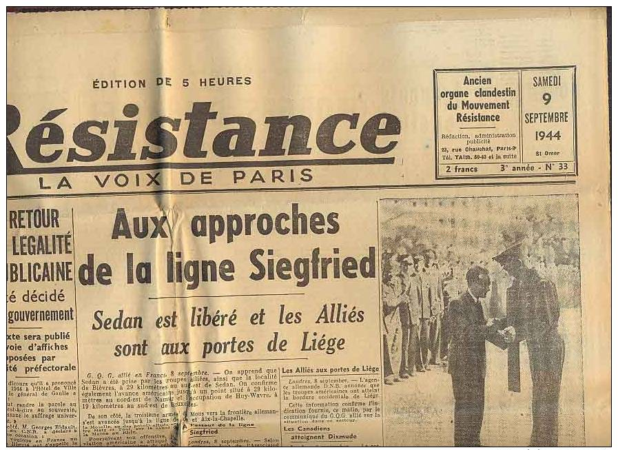 Résistance N°33 Du 9 Septembre 1944 - Allgemeine Literatur