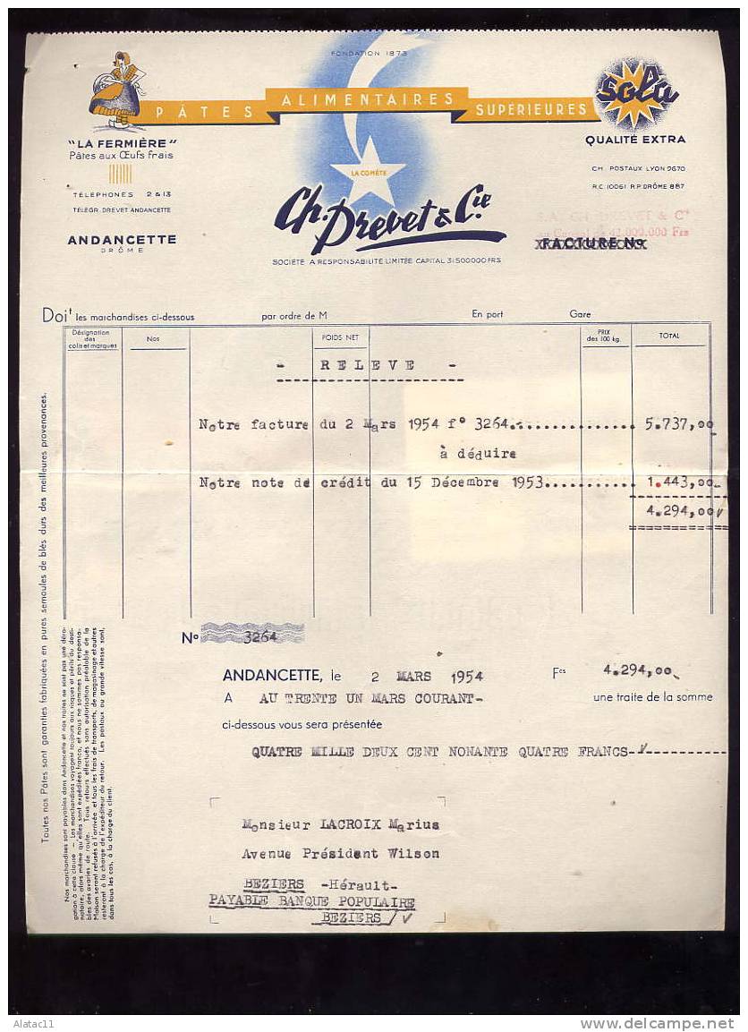 PATES ALIMENTAIRES  CH.  DREVET  &  CIE   ANDANCETTE   DRÔME  1954 - Food