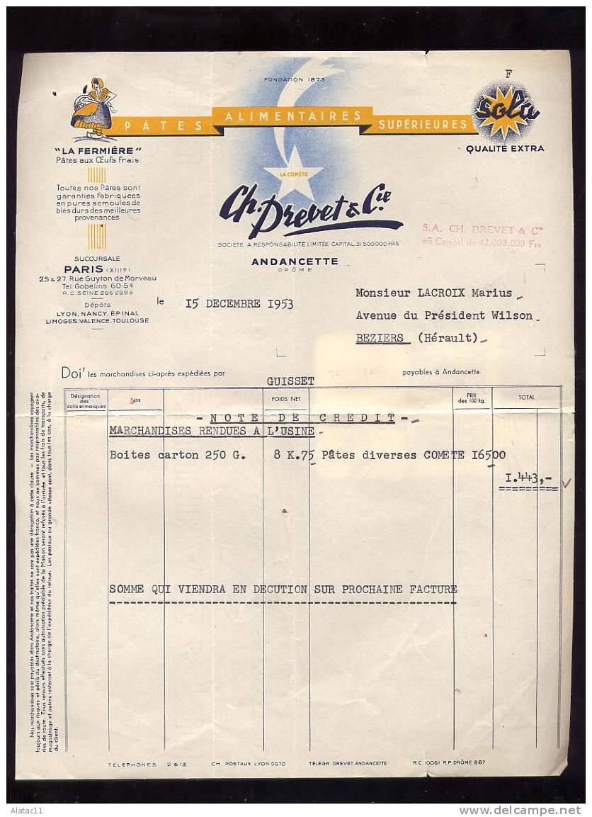 PATES ALIMENTAIRES  CH.  DREVET  &  CIE   ANDANCETTE   DRÔME  1954 - Alimentos