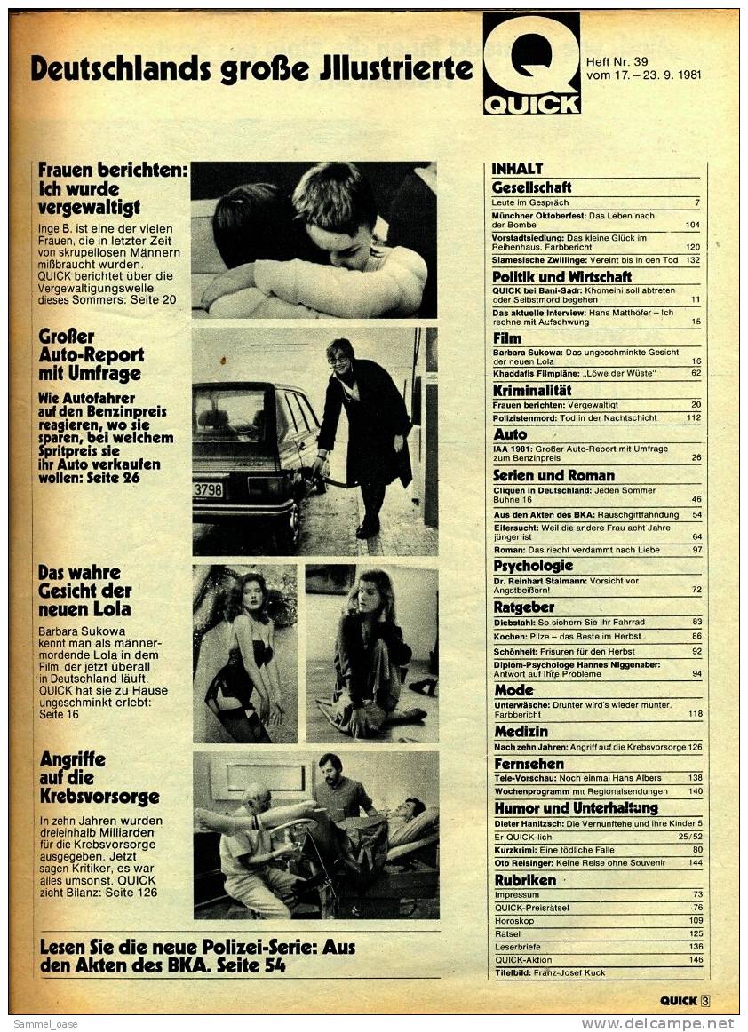 Quick Zeitschrift - 17.9. 1981mit  :  Autoreport + Benzinpreise , Das Ungeschminkte Gesicht Der Neuen Lola - Sonstige & Ohne Zuordnung