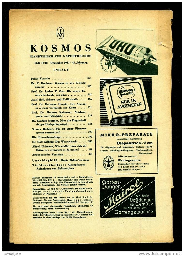 Kosmos Naturwissenschaftliche Zeitschrift  Nr. 11 / 12 1947  -  Die Neuen Urmenschenfunde Von Java - Oude Boeken