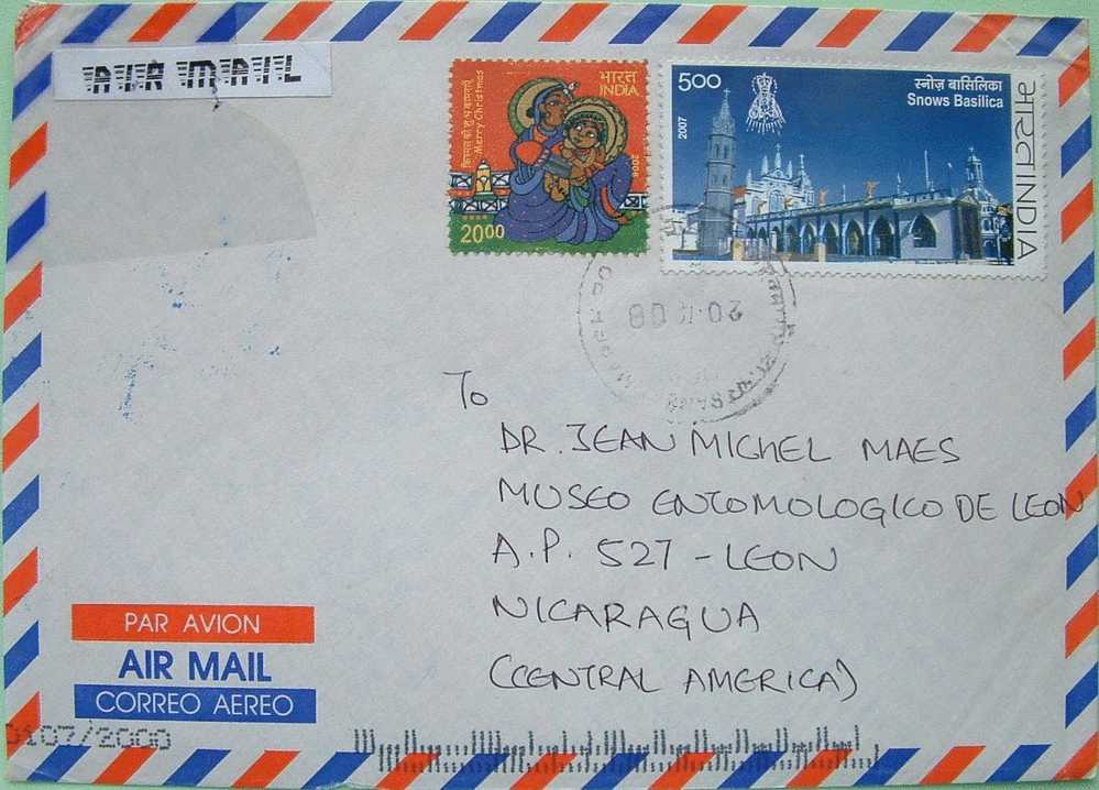 India 2009 Cover To Nicaragua - Christmas Nativity - Snows Basilica Church - Postal Censor Cancel On Back - Covers & Documents