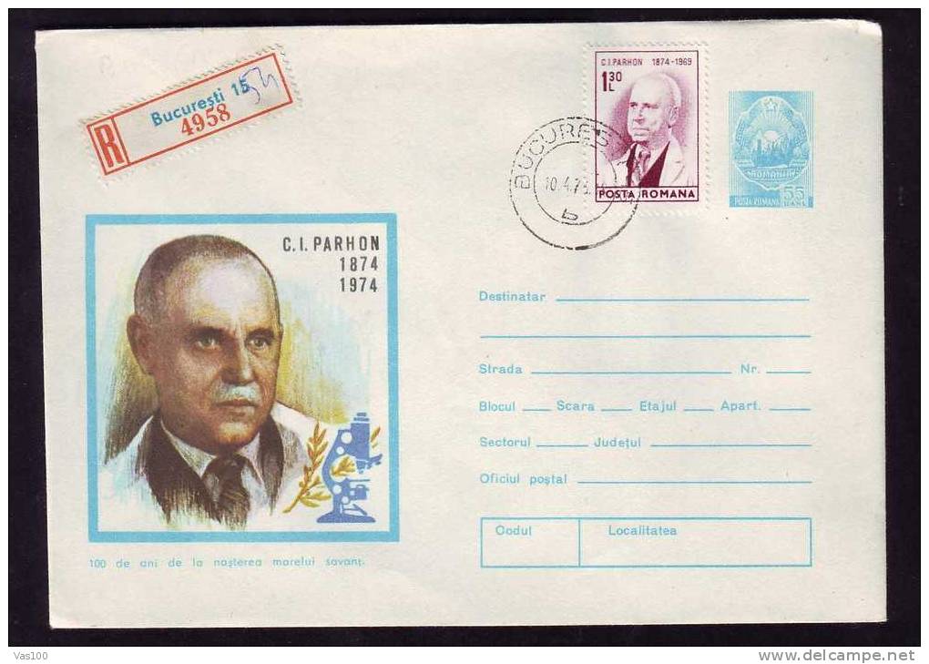 MICROSCOPE Chimie ,Chemestry ANNIVERSARY C. PARHON,1974 REGISTRED STATIONERY COVER. - Química