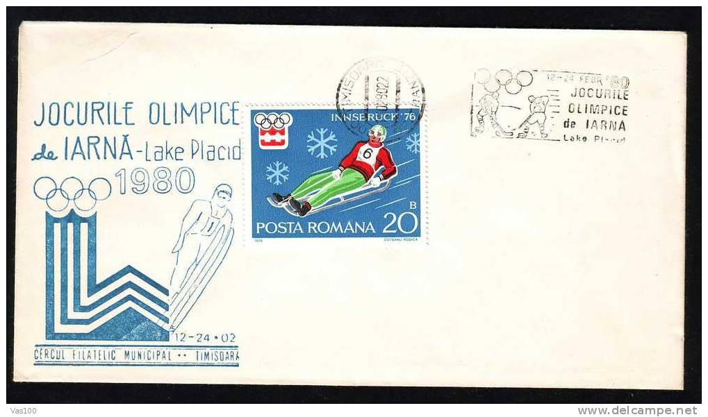 Romania 1980 Special Cover With Flamme Hockey,Olympic Games Lake Placid. - Winter 1980: Lake Placid