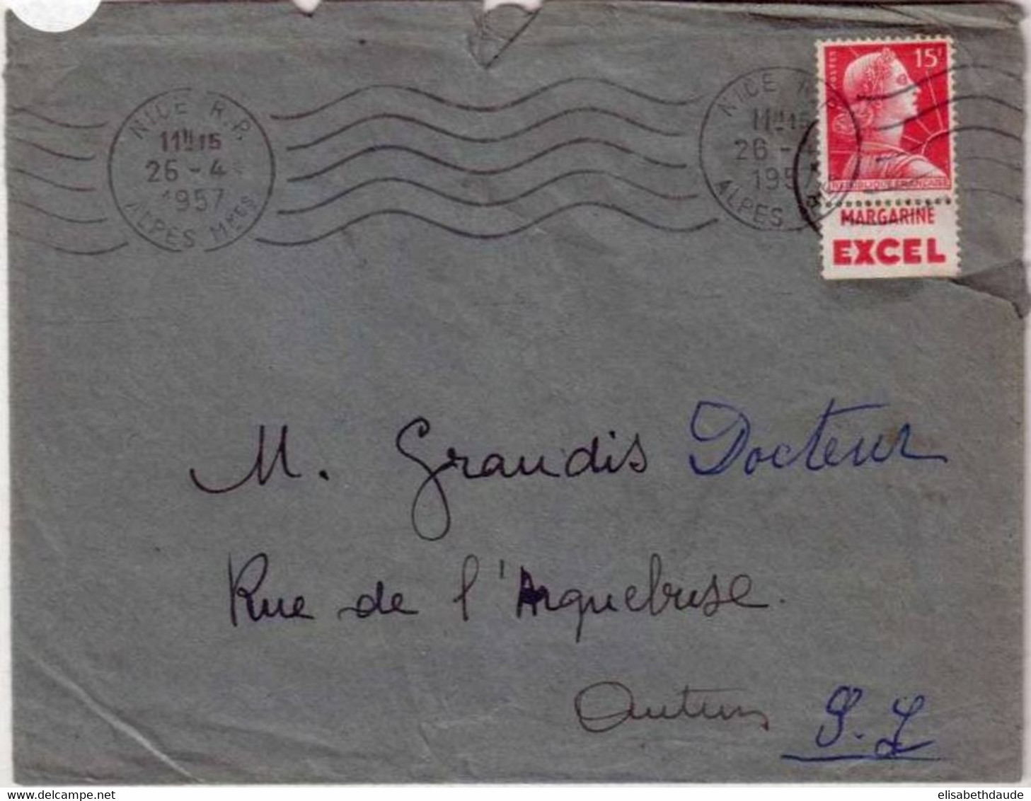 1957 - TYPE MULLER - TIMBRE ISSU De CARNET Avec PUB "MARGARINE EXCEL" Sur LETTRE De NICE Pour AUTUN - 1955-1961 Marianne Van Muller