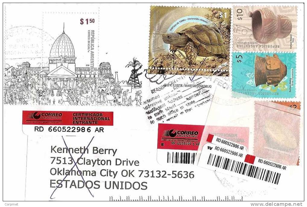 FAUNA - TURTLES + ANCIENT HANDICRAFTS + CONGRESS On VF 2010 REGISTERED ARGENTINA COVER To USA Returned To Sender - Tortues