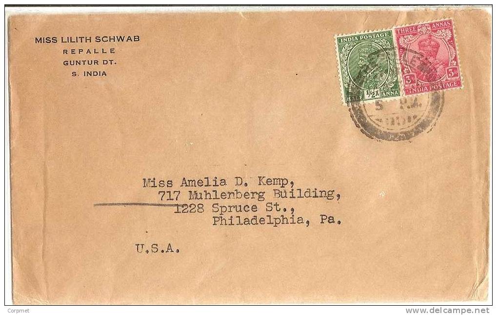 INDIA VF 1936 COVER Bicolor Stamps From REPALLE To PHILADELPHIA - 1936-47 Roi Georges VI