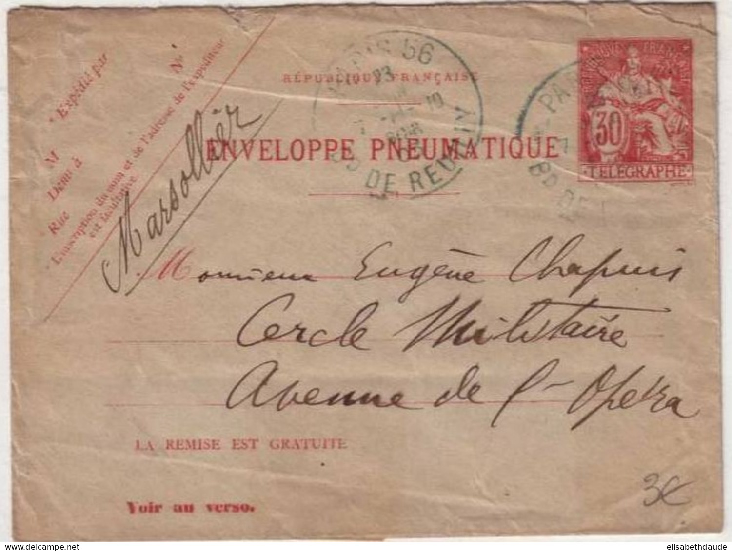 PNEUMATIQUE - ENTIER POSTAL - TYPE CHAPLAIN - 1902 - Yvert N°2763 - ENVELOPPE 30c. - Pneumatic Post