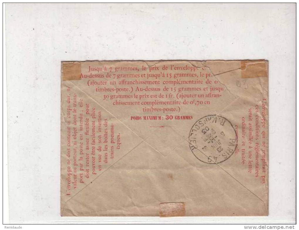 PNEUMATIQUE - ENTIER POSTAL - TYPE CHAPLAIN - 1902 - Yvert N°2763 - ENVELOPPE 30c. - Pneumatiques