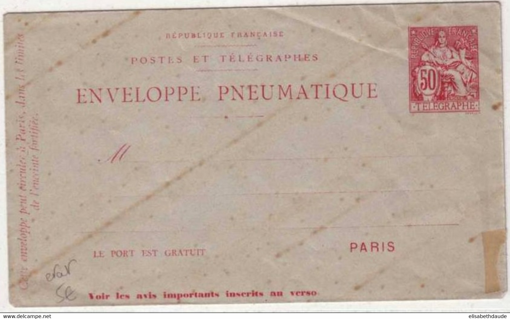 PNEUMATIQUE - 1897 - ENVELOPPE ENTIER POSTAL TYPE CHAPLAIN - STORCH D6 - NEUVE / TRACES - COTE 2005 = 30 EUR. - Pneumatiques