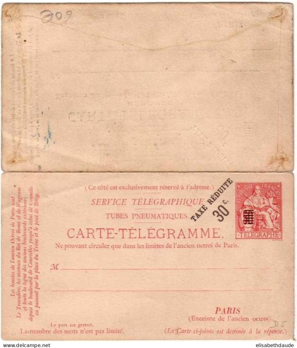 PNEUMATIQUE - ENTIER POSTAL - TYPE CHAPLAIN - Yvert N°2520 - CARTE POSTALE AVEC REPONSE 50c. (1880) - NEUVE - COTE= 77 E - Pneumatic Post