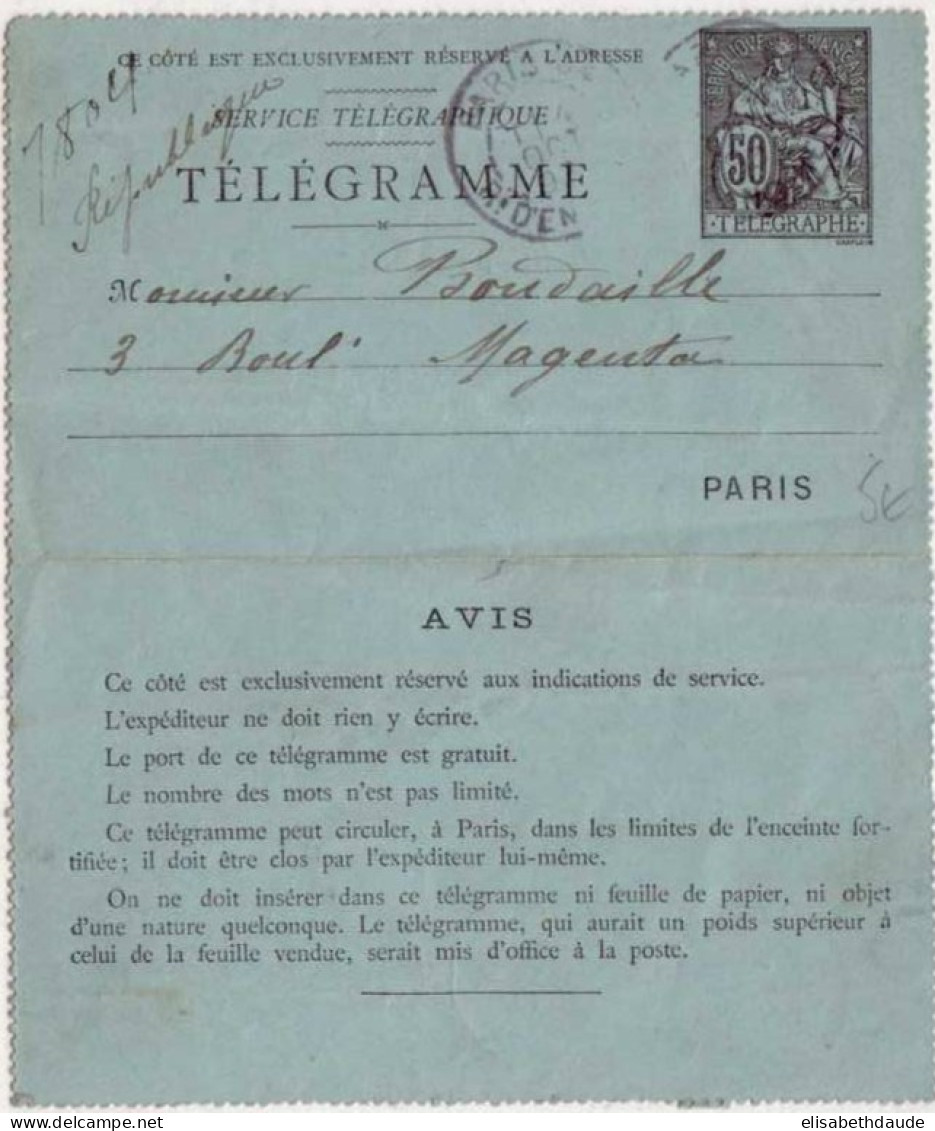PNEUMATIQUE - ENTIER POSTAL - TYPE CHAPLAIN - Yvert N°2534 - CARTE LETTRE  50c. (1890) - - Rohrpost