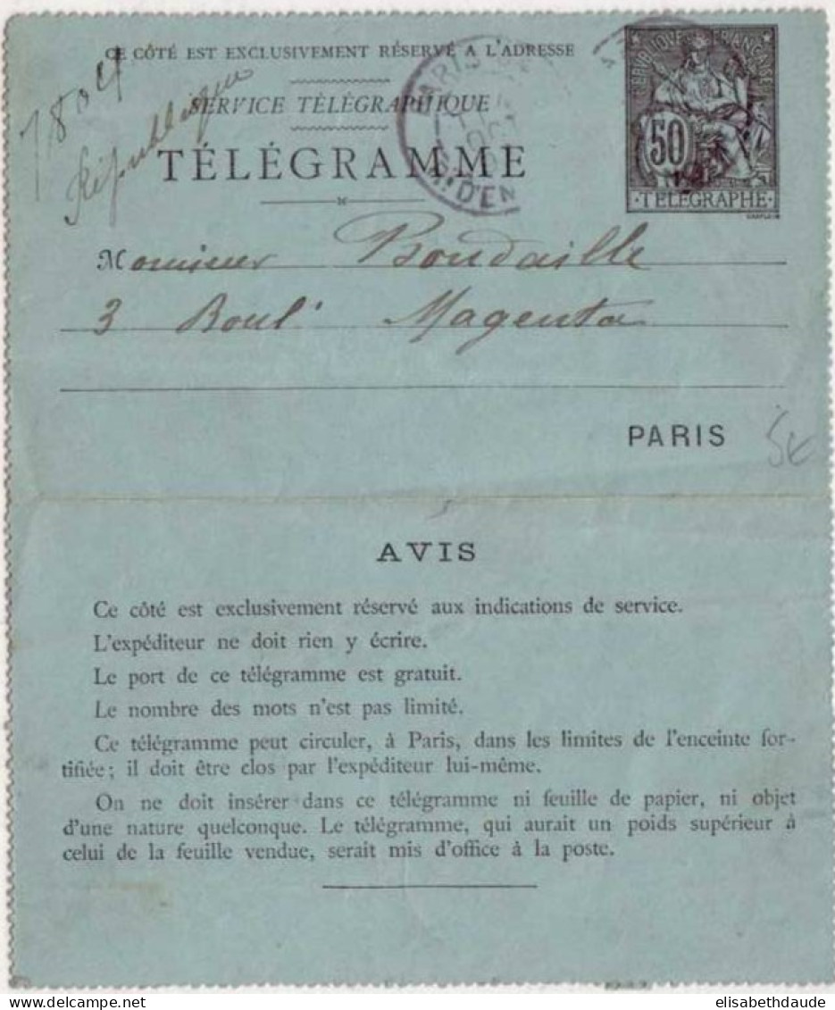 PNEUMATIQUE - ENTIER POSTAL - TYPE CHAPLAIN - Yvert N°2534 - CARTE LETTRE  50c. (1890) - - Neumáticos