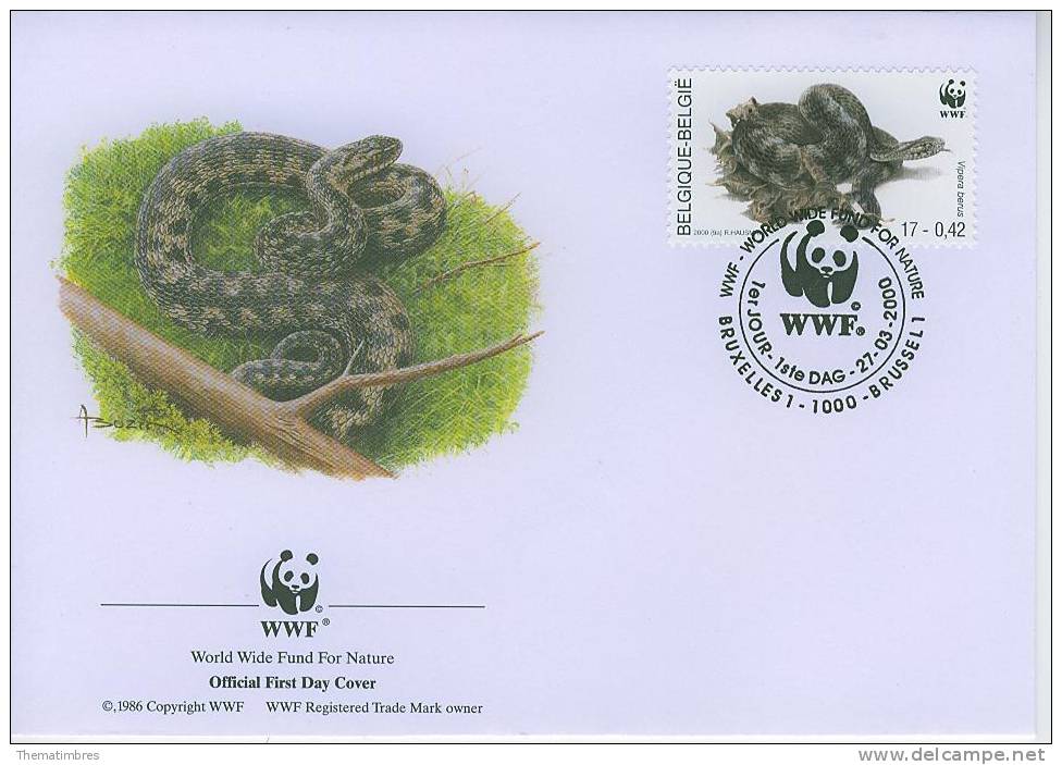 W0076 Vipere Peliade Vipera Berus Belgique 2000 FDC Premier Jour WWF - Serpents