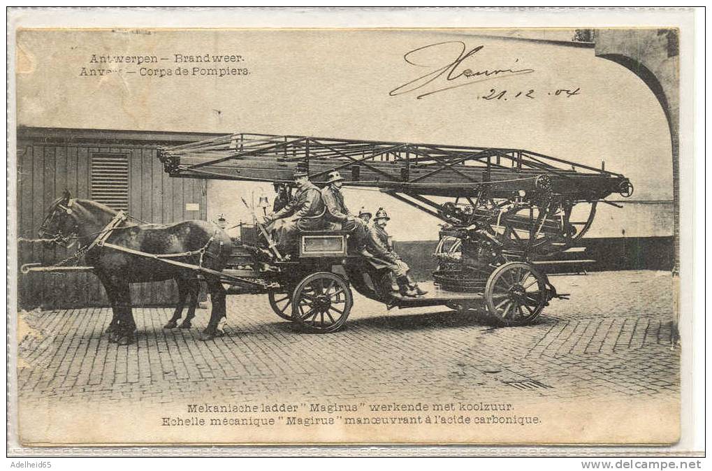 1904 Pompiers,brandweer : Anvers, Antwerpen Mekanische Ladder Met Koolzuur Echelle Mecanique Magirus Acide Carbonique - Feuerwehr