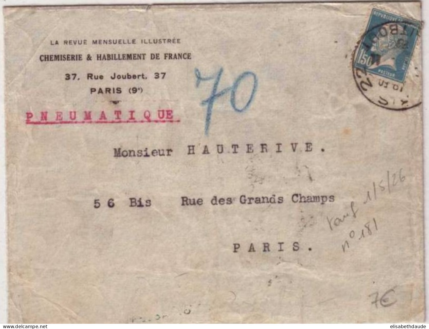 PASTEUR 1F50  Sur LETTRE PNEUMATIQUE De PARIS Rue TAITBOUT - 1928 - - 1922-26 Pasteur