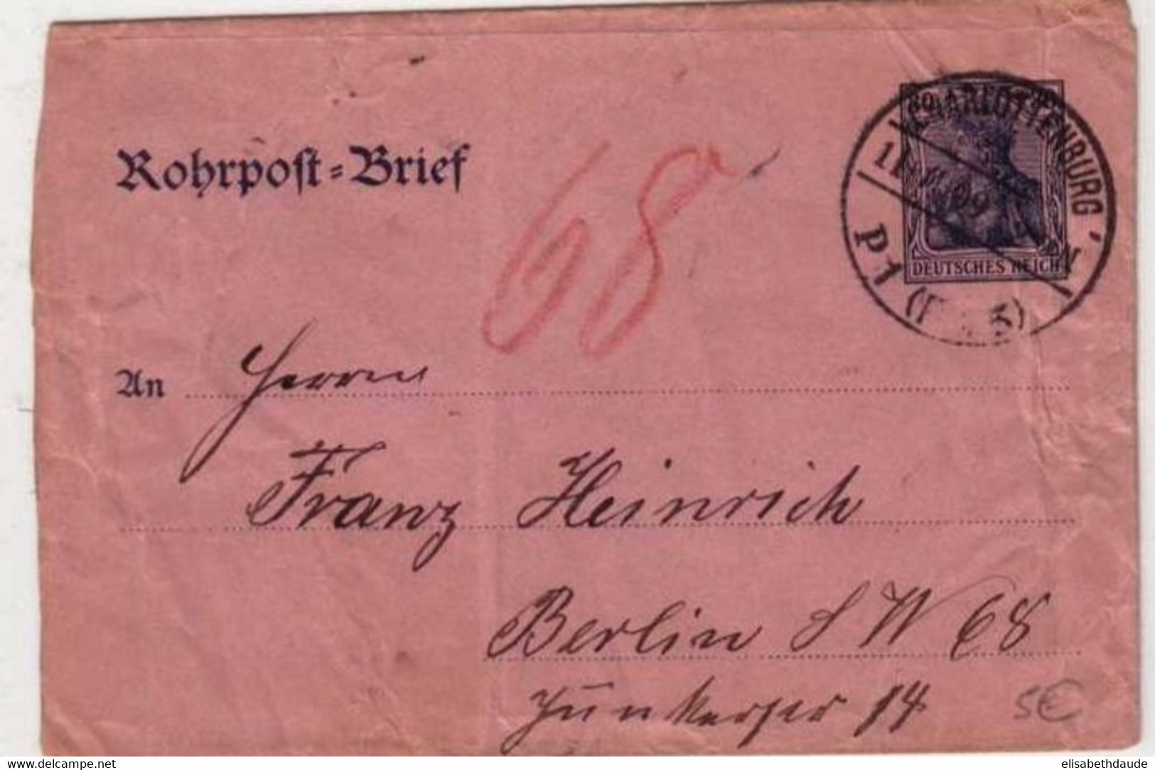 PNEUMATIQUE (ROHRPOST) - ENTIER POSTAL - TYPE GERMANIA - LETTRE De CHARLOTTENBURG - 1909 - Briefe