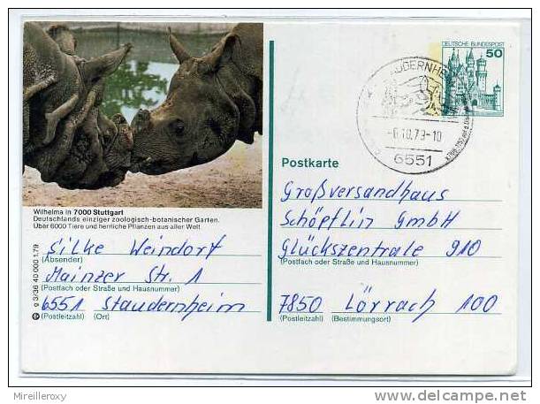 RHINOCEROS / ENTIER POSTAL ALLEMAGNE /ZOO WILHELMA  / STUTTGART - Rhinocéros