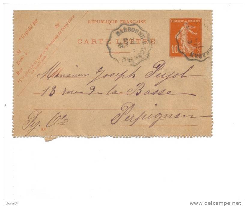 Entier Postal 138 CL 1 - Date 303 - 10/08/1913 Ambulant Narbonne à Cerbère - Cartoline-lettere