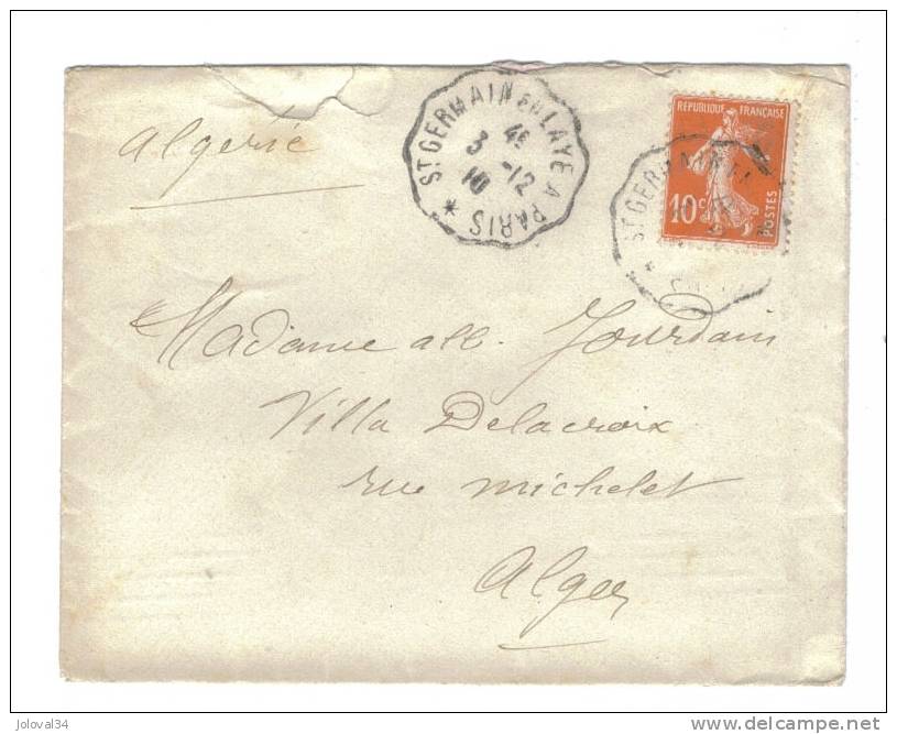 Cachet Ambulant St Germain En Laye à Paris Sur 138 - 3/12/1910 - Verso Oblitération Mécanique KRAG 7 Lignes ALGER - Railway Post