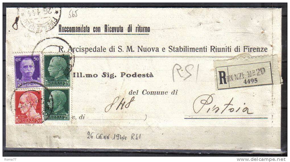 VER565 - R.S.I. , Raccommandata Da Firenze 26/1/44 Per Pistoia - Storia Postale