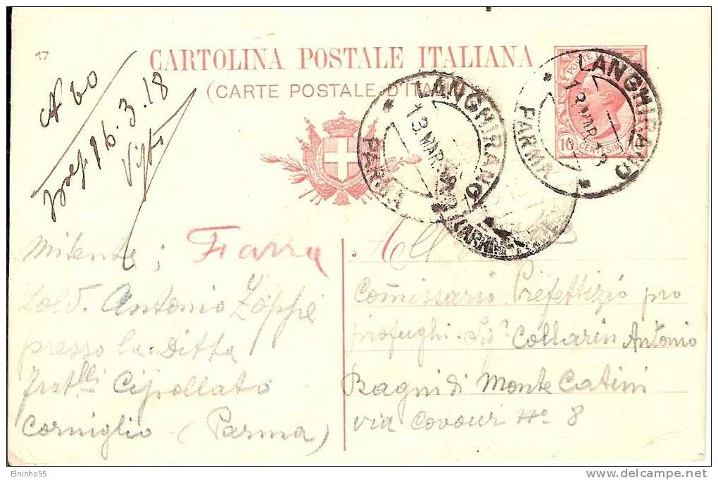 1918 Cartolina Postale  Da Langhirano - Commissario Prefettizio Pro Profughi Guerra Farra D'Alpago - Entiers Postaux