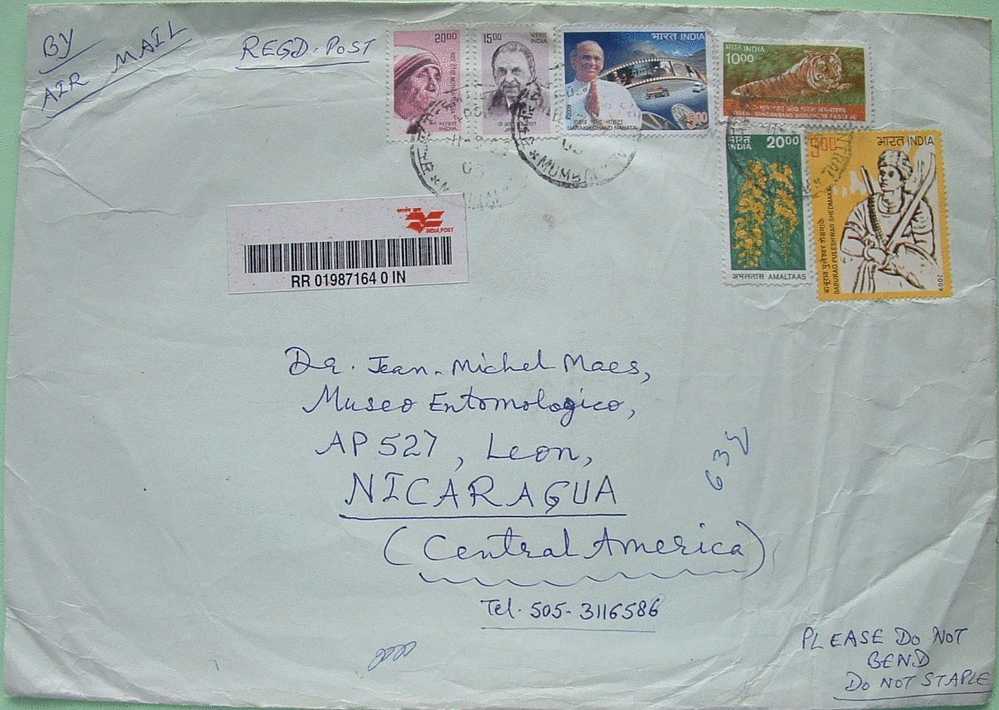 India 2009 Registered Cover To Nicaragua - Tiger Flowers Soldier Cinema Movies Mother Teresa - Cartas & Documentos