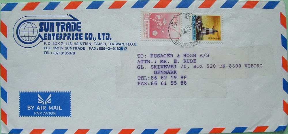 China Taiwan  1991 Cover To Denmark - Flowers Lighthouse - Lettres & Documents