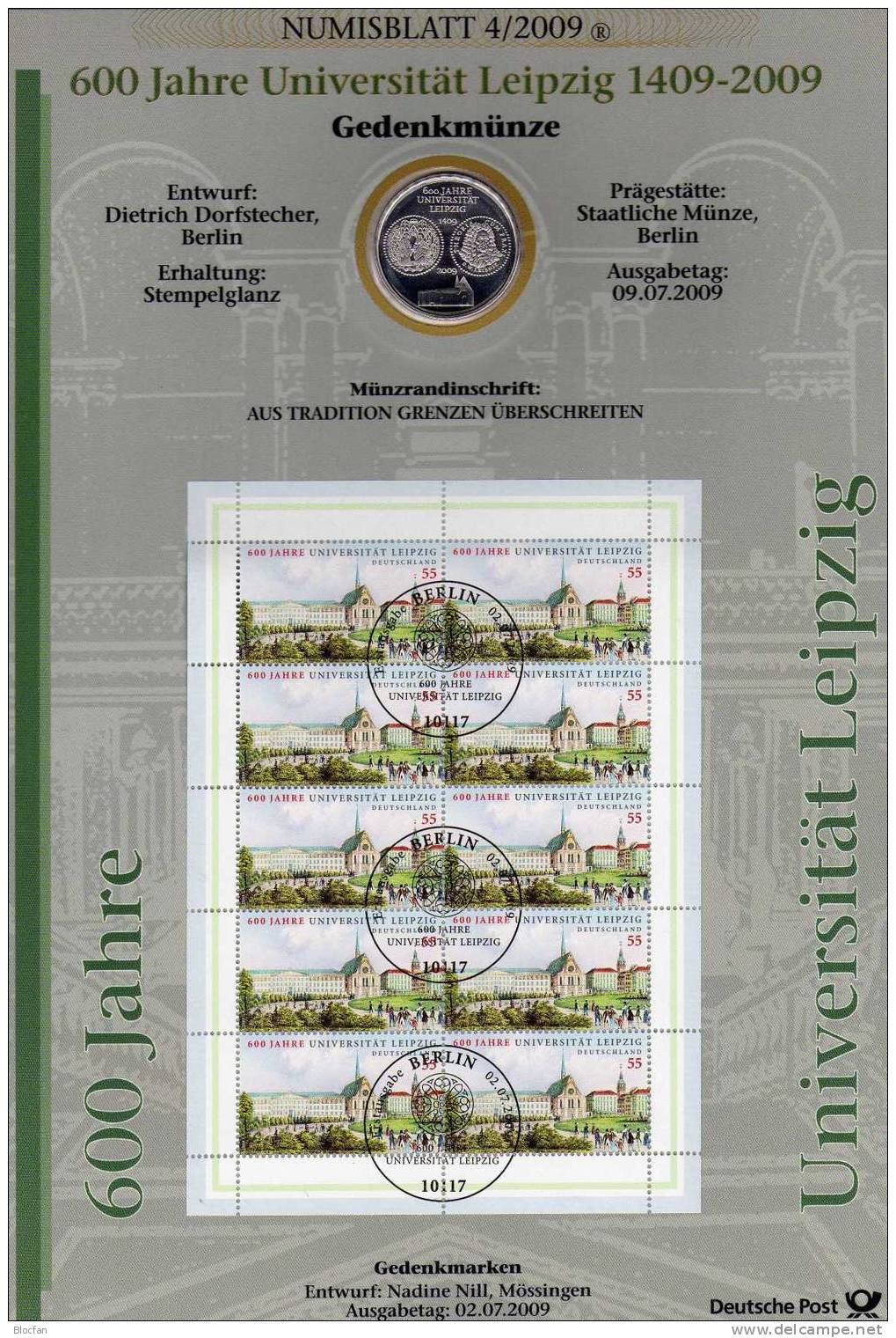 Universität Leipzig Numisblatt 4/2009 SST Mit Deutschland 10-KB+ 2745 ** 31€ Augustus-Platz Uni-Gebäude Sheetlet Germany - Physics