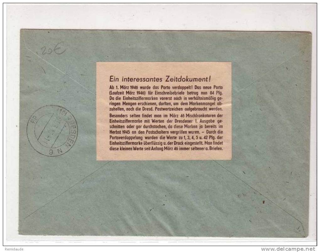 ZONE SOVIETIQUE - EMISSIONS LOCALES- 1946 - SAXE (SACHSEN) - LETTRE RECOMMANDEE De DRESDEN - MIXTE Avec AAS - Brieven En Documenten