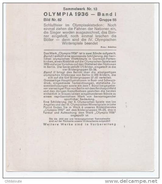 JEUX OLYMPIA  1936  / BERLIN  / SAMMELWERK Nr .13  Bild Nr;82  GRUPPE  55   FORMAT 12X17  TBE - Autres & Non Classés