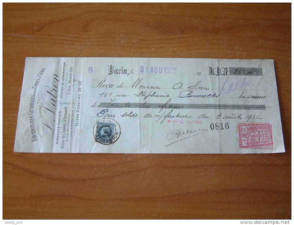 L. VATRON - BRUXELLES / Paris 1922 ( Reçu ) ! - Bills Of Exchange