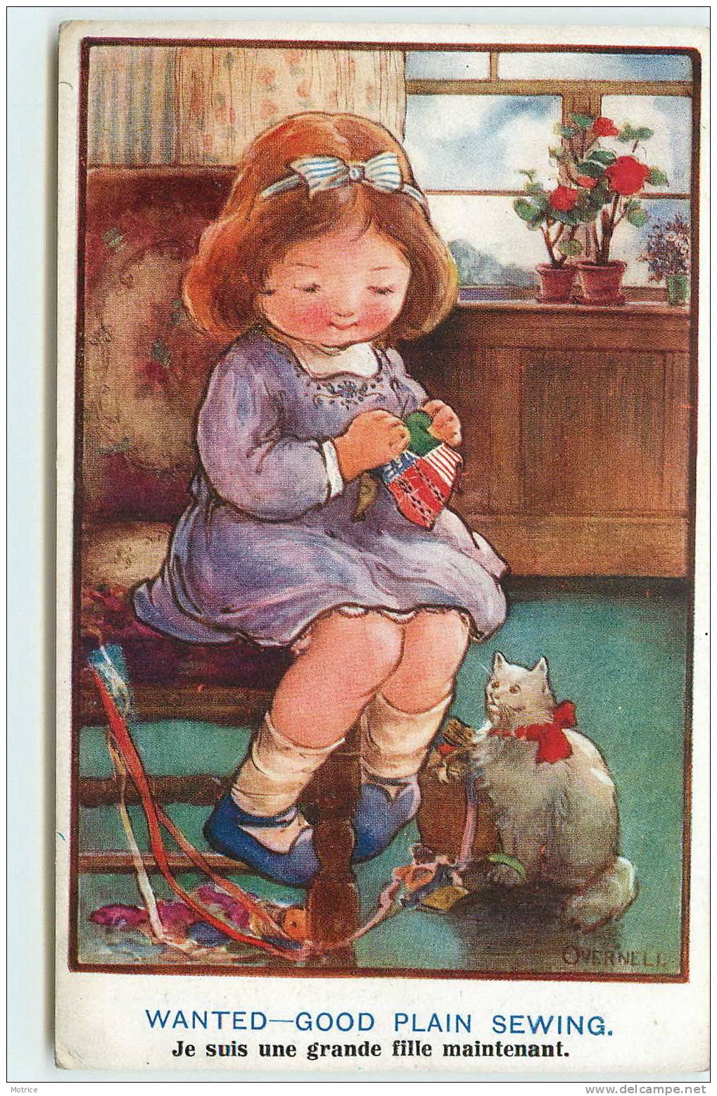 PETITE FILLE TRICOTANT  ET SON CHAT (carte Illustrée Par Overnell). - Katten