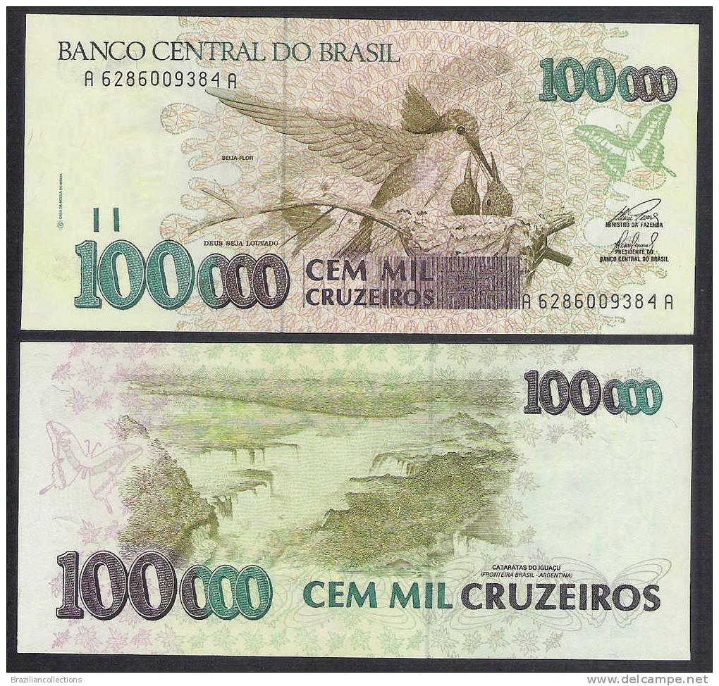 P.235d - Brazil, 100,000 Cruzeiros, 1993, UNC. Hummingbird And Butterfly. - Brésil