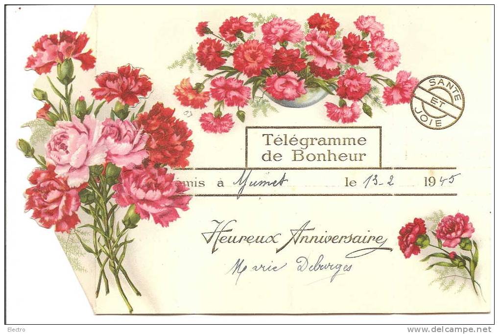 MARIAGE. TELEGRAMME DE BONHEUR EN 3 VOLETS. HEUREUX ANNIVERSAIRE. 1945 - Marriages